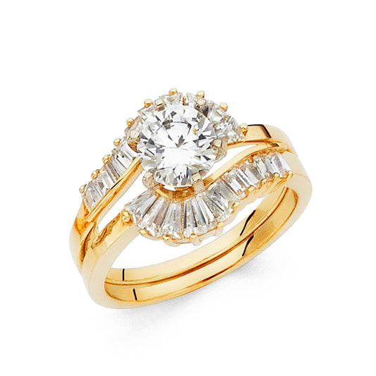 14K Yellow Gold Women’s Solitaire Design Round CZ Ring with Matching Wedding Band and Baguette CZ