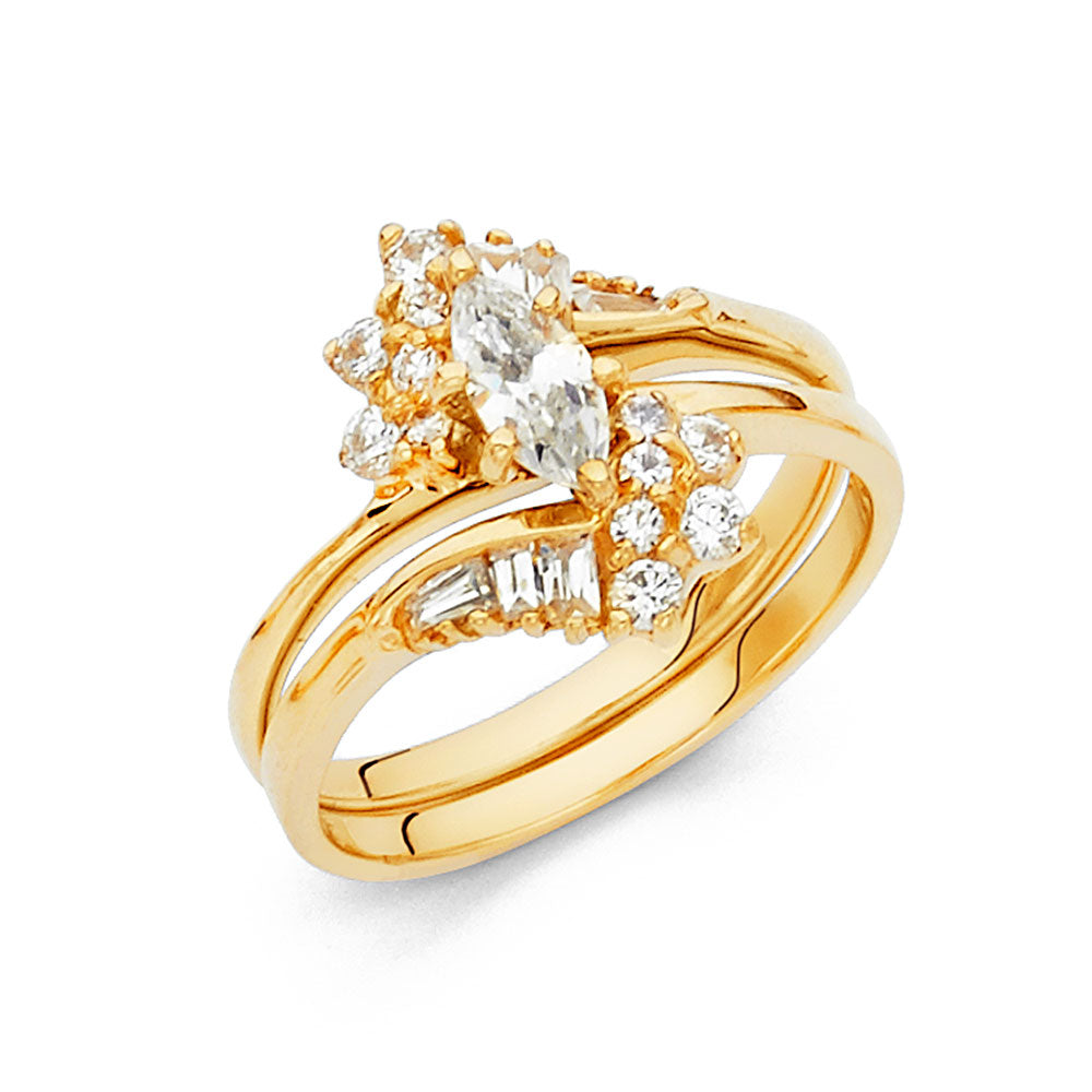 14K Yellow Gold Women’s Solitaire Design Marquise Cut CZ Ring with Matching CZ Wedding Band
