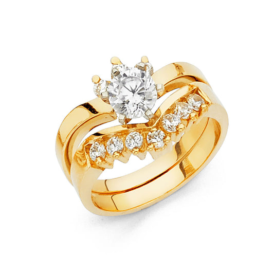 14K Yellow Gold Women’s Solitaire Design Round CZ Ring with Matching CZ Wedding Band