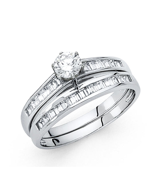 14K White Gold Women’s Solitaire Design Round CZ Ring with Matching Wedding Band and Channel-Set CZ