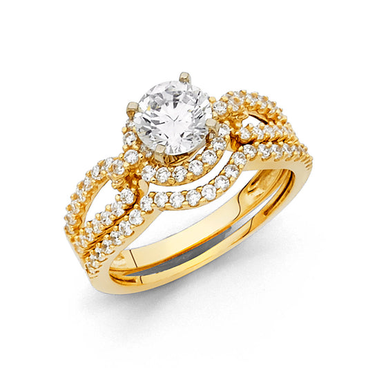 14K Yellow Gold Round Swirl Halo CZ 2-Piece Wedding Band Set