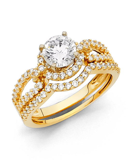14K Yellow Gold Round Swirl Halo CZ 2-Piece Wedding Band Set
