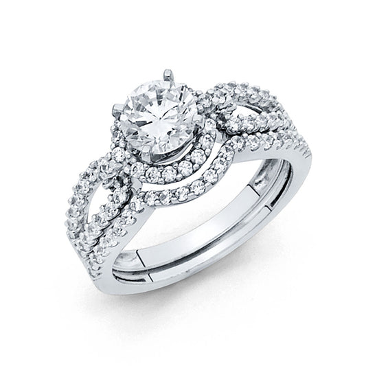 14K White Gold Round Swirl Halo CZ 2-Piece Wedding Band Set