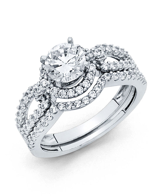 14K White Gold Round Swirl Halo CZ 2-Piece Wedding Band Set