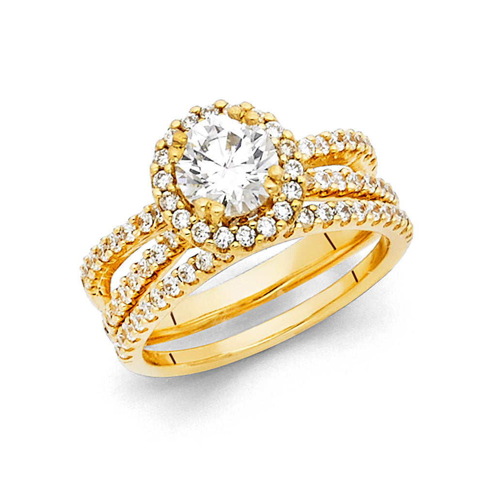 14K Yellow Gold 2-Piece Halo CZ Bridal Ring Set