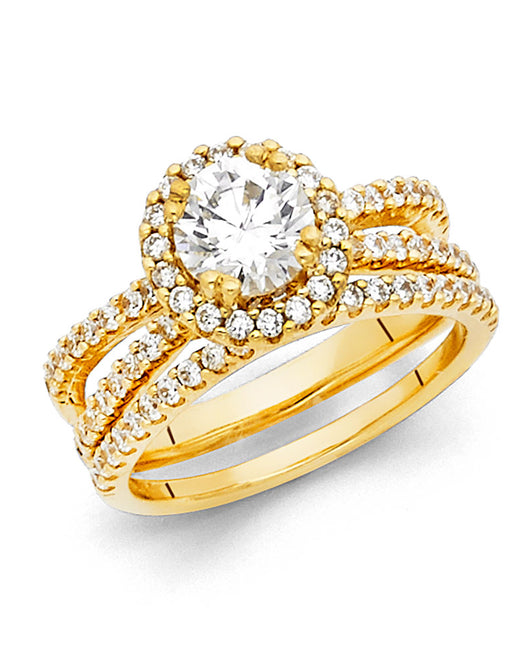14K Yellow Gold 2-Piece Halo CZ Bridal Ring Set