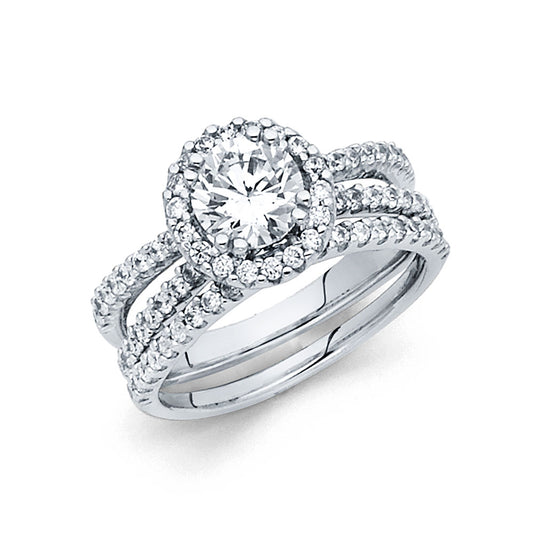 14K White Gold 2-Piece Halo CZ Bridal Ring Set