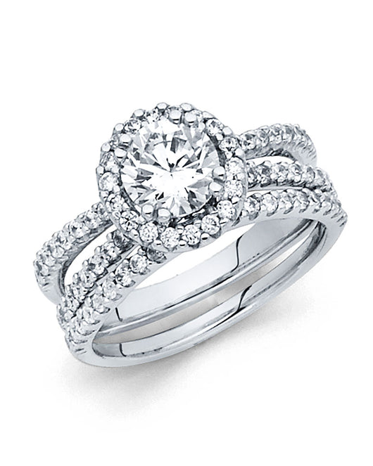 14K White Gold 2-Piece Halo CZ Bridal Ring Set