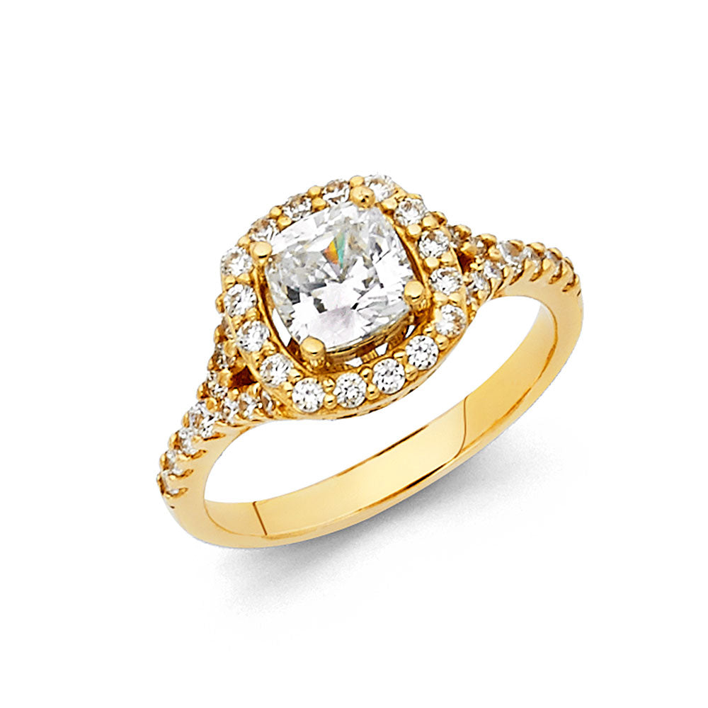 14K Yellow Gold Women’s Cushion Cut Halo Solitaire CZ Ring