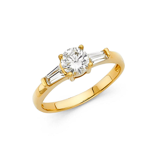 14K Yellow Gold Women’s Solitaire Design Round CZ Ring with Baguette CZ Side Stones