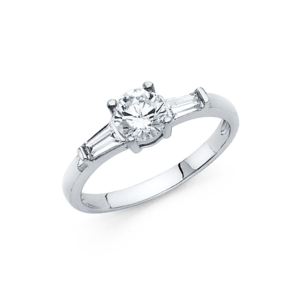 14K White Gold Women’s Solitaire Design Round CZ Ring with Baguette CZ Side Stones