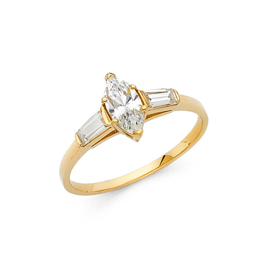 14K Yellow Gold Women’s Solitaire Design Marquise Cut CZ Ring with Baguette CZ Side Stones