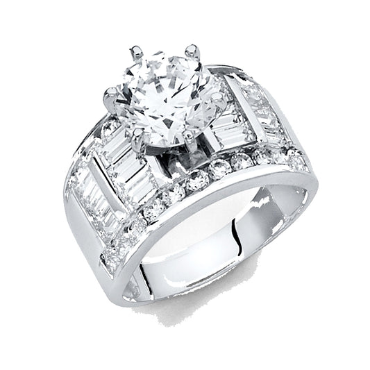 2.75 ct Six-Prong Round-Cut & Baguette Side CZ Engagement Ring  in 14K White Gold
