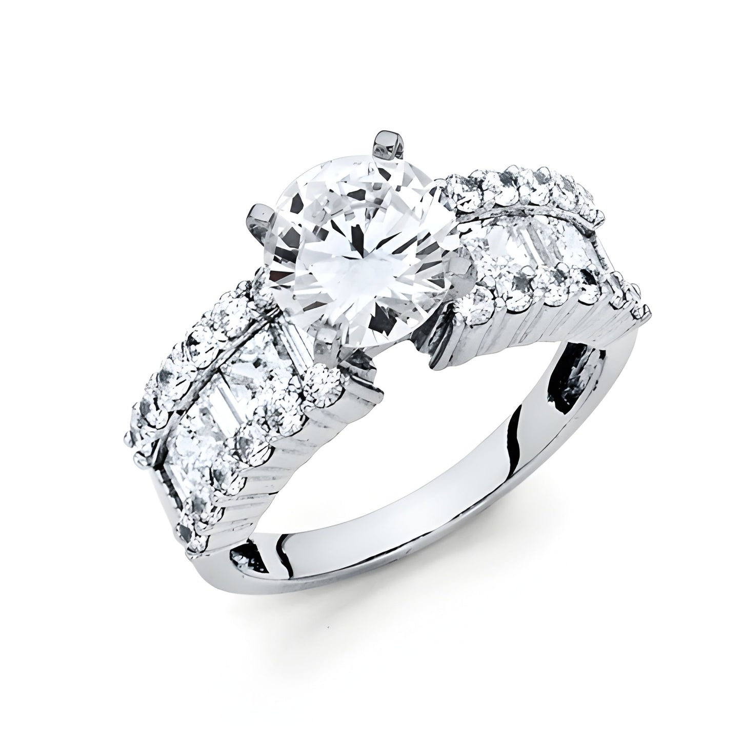 2.75-CT V-Prong Round & Princess-Cut Engagement Ring in 14K White Gold