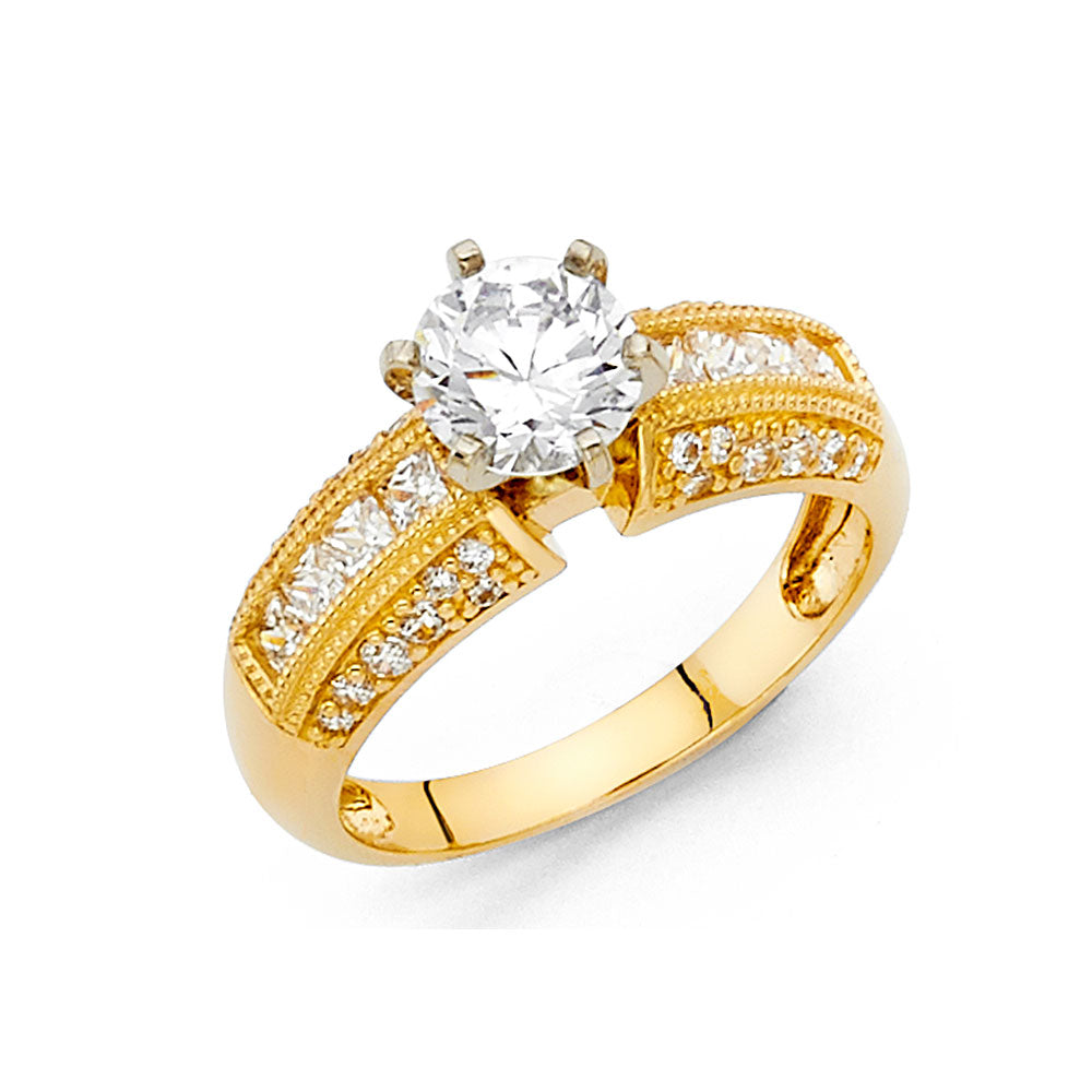 14K Yellow Gold Round Shaped Solitaire CZ Ring with Channel-Set CZ Accents