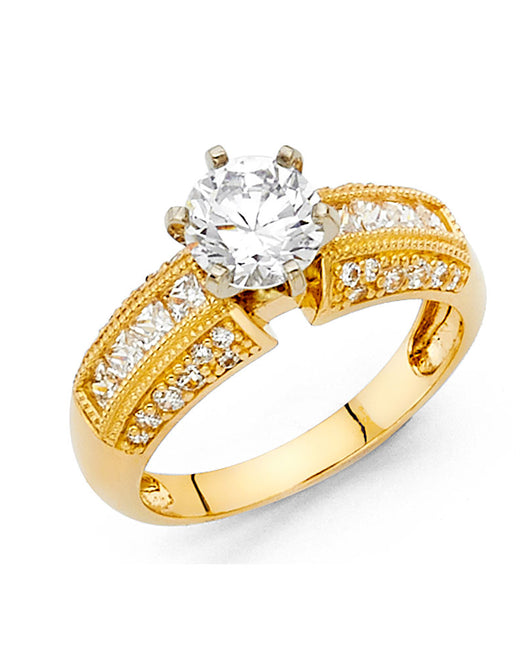 14K Yellow Gold Round Shaped Solitaire CZ Ring with Channel-Set CZ Accents