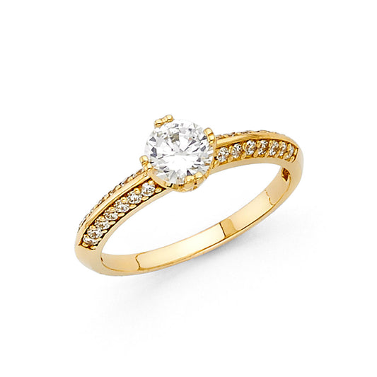 14K Yellow Gold Women’s Round Cut Solitaire CZ Ring with Channel Set CZ Side Stones