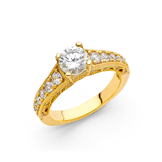 14K Yellow Gold Women’s Solitaire Design Round CZ Ring with Side CZ Accents