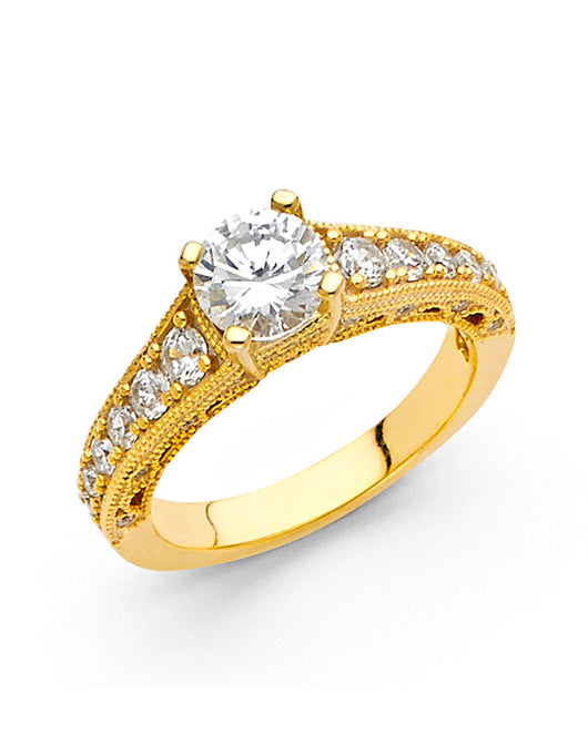 14K Yellow Gold Women’s Solitaire Design Round CZ Ring with Side CZ Accents