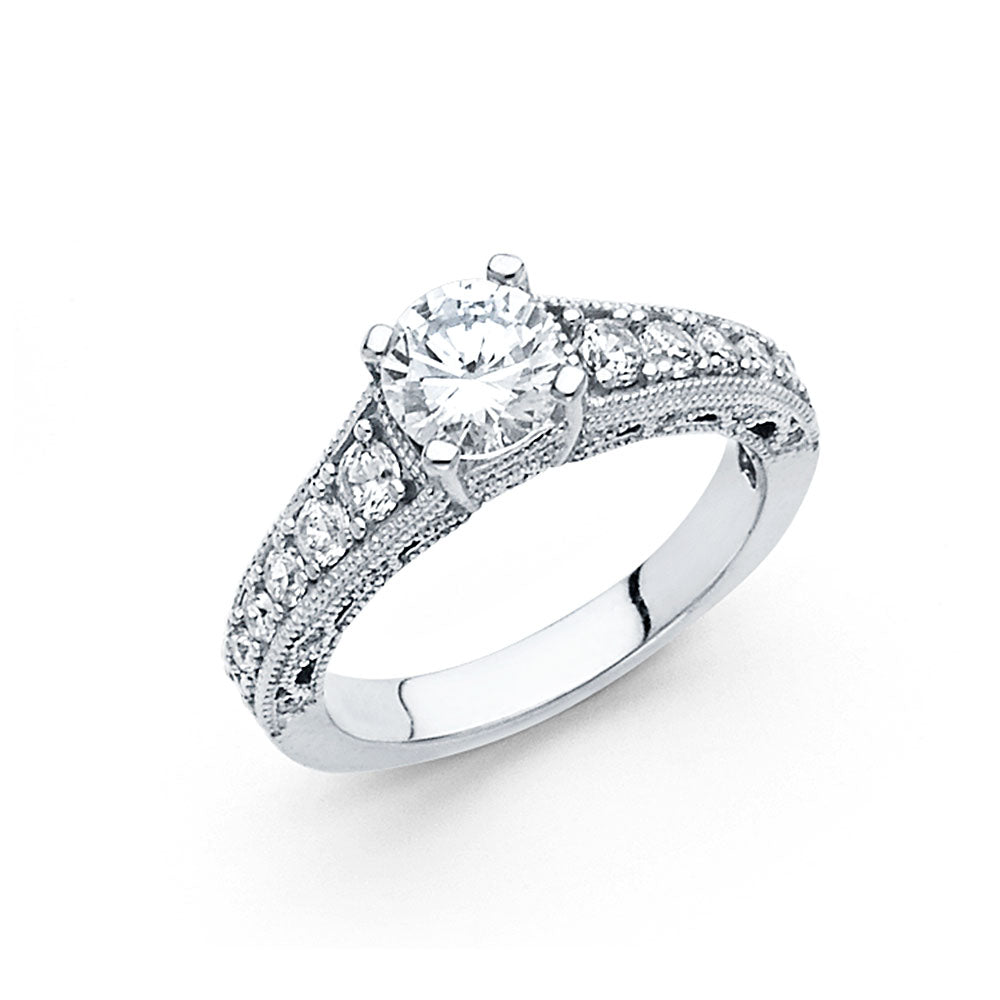14K White Gold Women’s Solitaire Design Round CZ Ring with Side CZ Accents