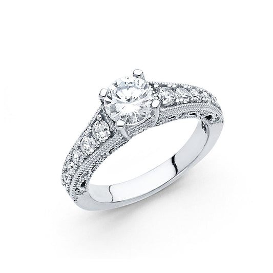 14K White Gold Women’s Solitaire Design Round CZ Ring with Side CZ Accents