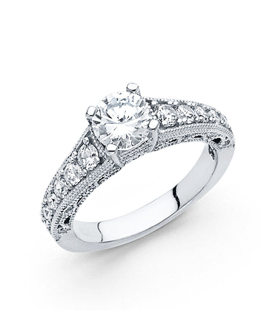 14K White Gold Women’s Solitaire Design Round CZ Ring with Side CZ Accents