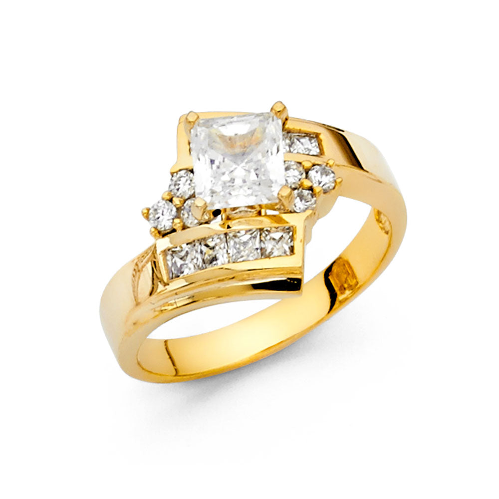14K Yellow Gold Women’s Solitaire Design Princess Cut CZ Ring with Baguette & Round CZ Side Stones