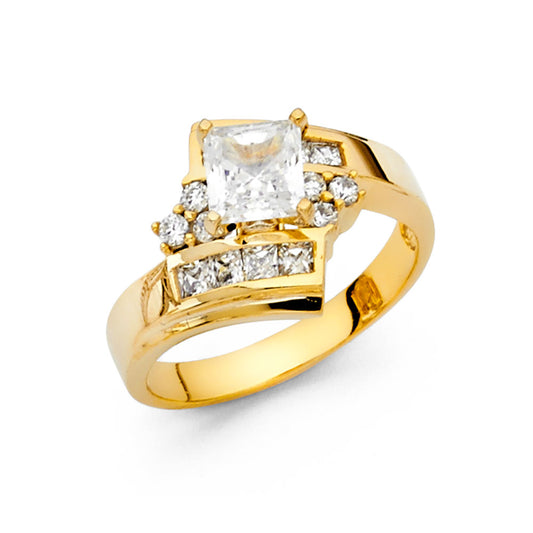 14K Yellow Gold Women’s Solitaire Design Princess Cut CZ Ring with Baguette & Round CZ Side Stones