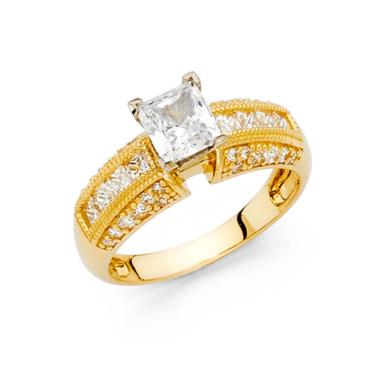 14K Yellow Gold Princess Shaped Solitaire CZ Ring with Channel-Set CZ Accents