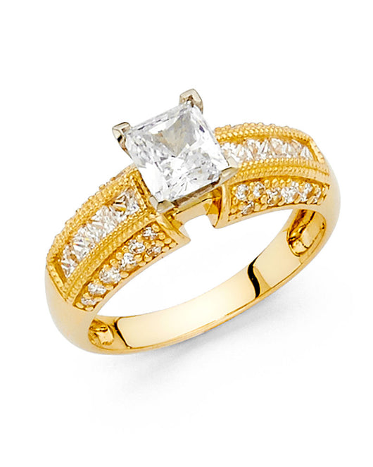 14K Yellow Gold Princess Shaped Solitaire CZ Ring with Channel-Set CZ Accents