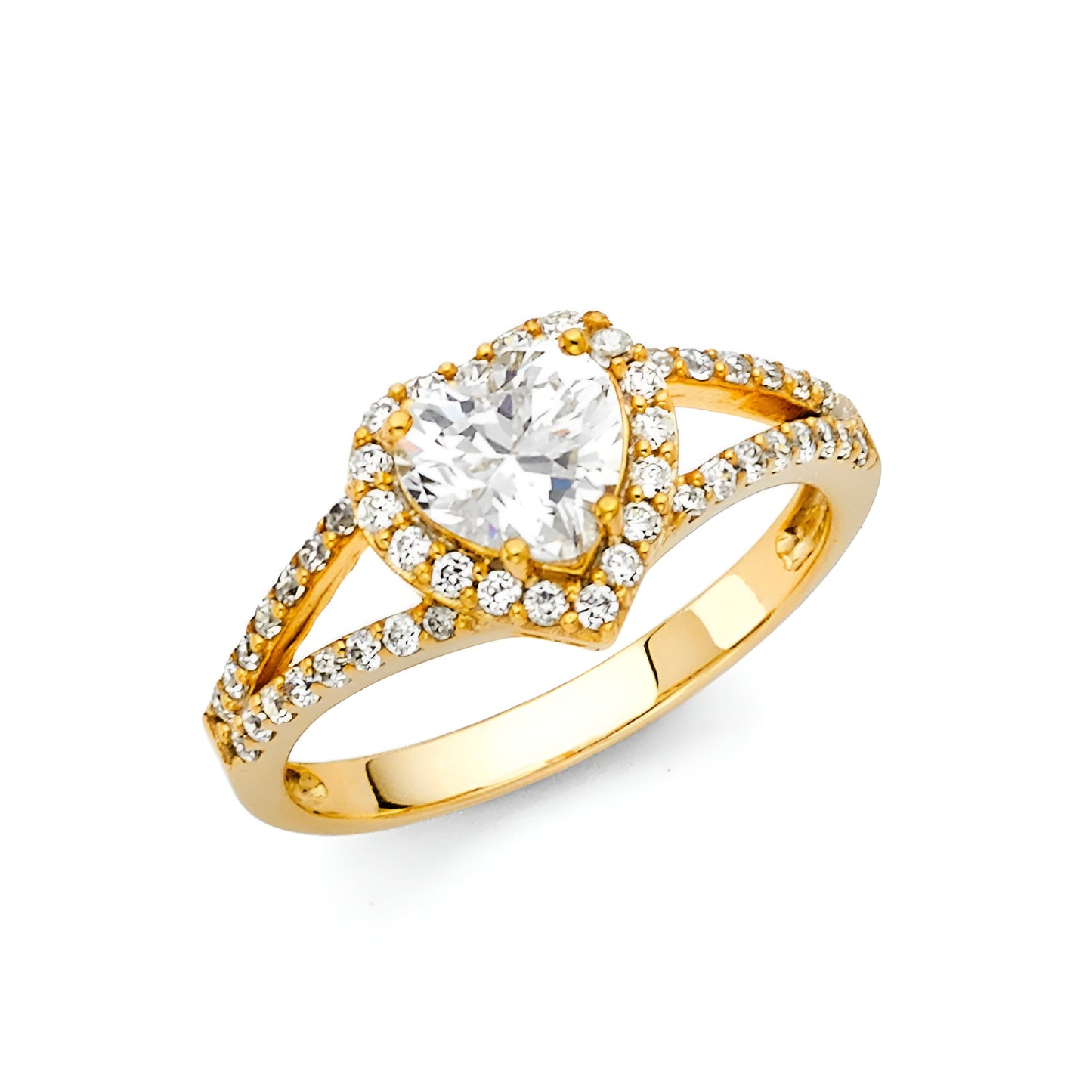 Heart Shaped Halo CZ Split Shank Engagement Ring in 14K Yellow Gold