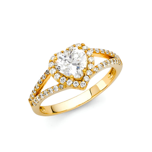 Heart Shaped Halo CZ Split Shank Engagement Ring in 14K Yellow Gold