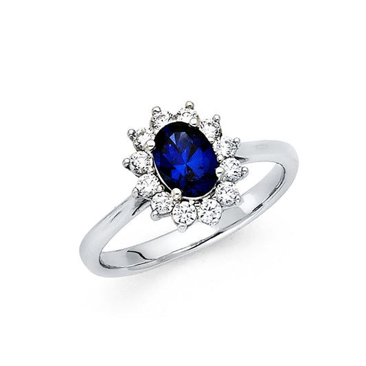 14K White Gold Oval Shaped Sapphire Blue CZ Halo Ring