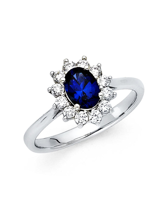 14K White Gold Oval Shaped Sapphire Blue CZ Halo Ring