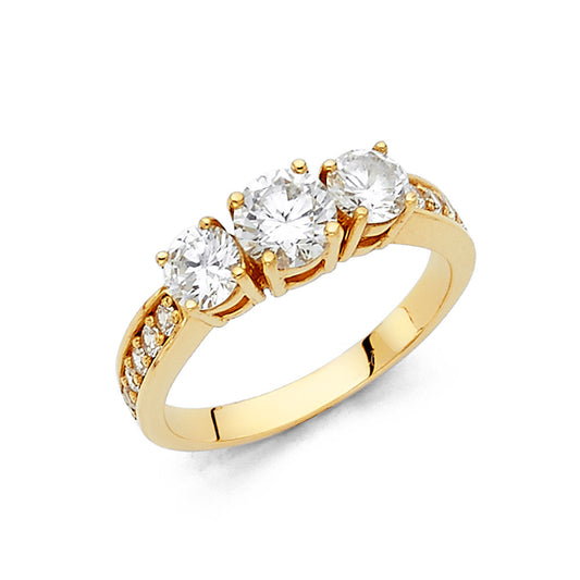 14K Yellow Gold Round Shaped Three-Stone CZ Ring with Side CZ Accents