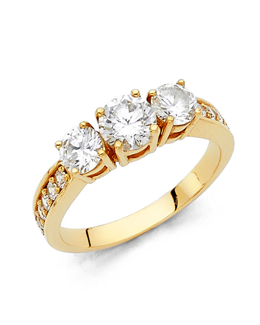 14K Yellow Gold Round Shaped Three-Stone CZ Ring with Side CZ Accents