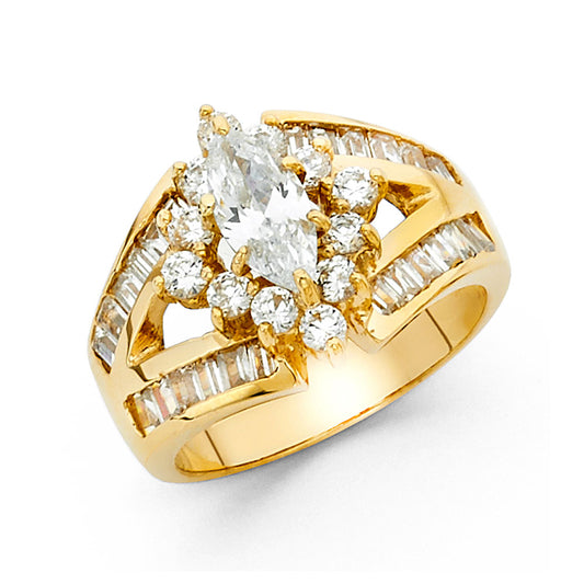 14K Yellow Gold Women’s Solitaire CZ Ring with Baguette & Round CZ Accents