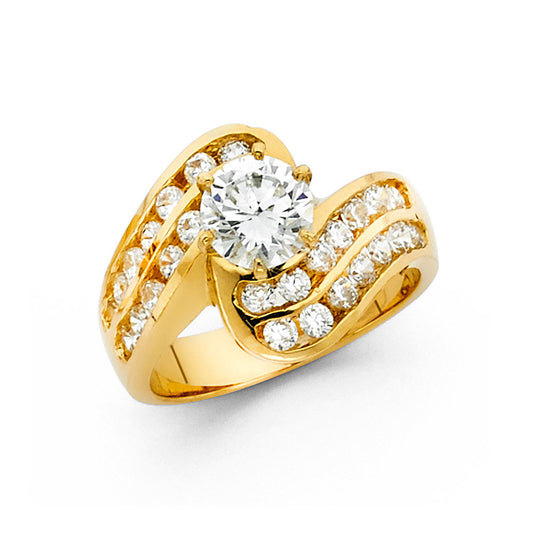 14K Yellow Gold Women’s Solitaire CZ Ring with Curved Channel-Set CZ Accents