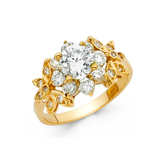 14K Yellow Gold Women’s Floral Halo Solitaire CZ Ring