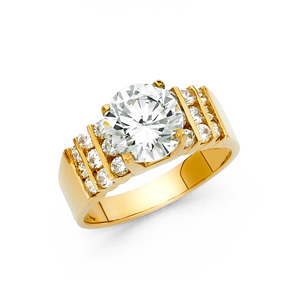 14K Yellow Gold Women’s Solitaire CZ Ring with Channel-Set CZ Accents