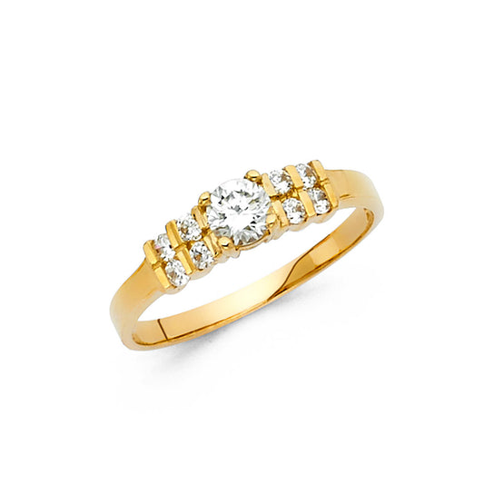 14K Yellow Gold Women’s Solitaire CZ Ring with Bar-Set CZ Accents