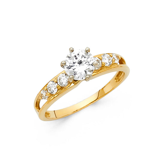 14K Yellow Gold Women’s Round Cut Solitaire CZ Ring with Side CZ Accents