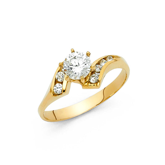 14K Yellow Gold Women’s Round Cut Solitaire CZ Ring with Side CZ Accents