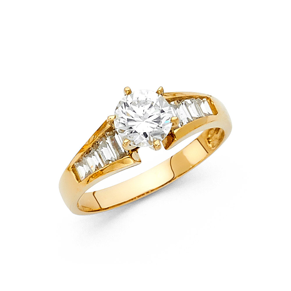 14K Yellow Gold Women’s Solitaire CZ Ring with Baguette CZ Accents