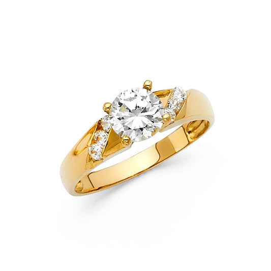 14K Yellow Gold Women’s Round Cut Solitaire CZ Ring with Side CZ Accents)