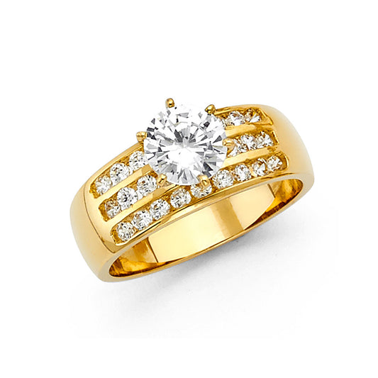 14K Yellow Gold Women’s Solitaire CZ Ring with Triple Row CZ Accents