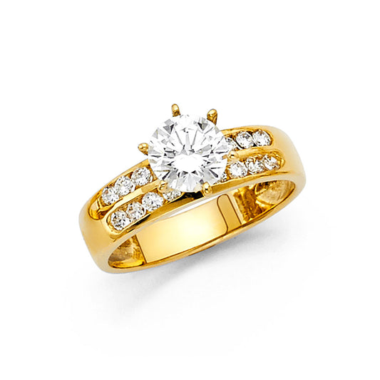 14K Yellow Gold Women’s Solitaire CZ Ring with Double Row CZ Accents