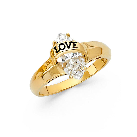 14K Yellow Gold Women’s Pear Cut Solitaire CZ Ring with LOVE Design