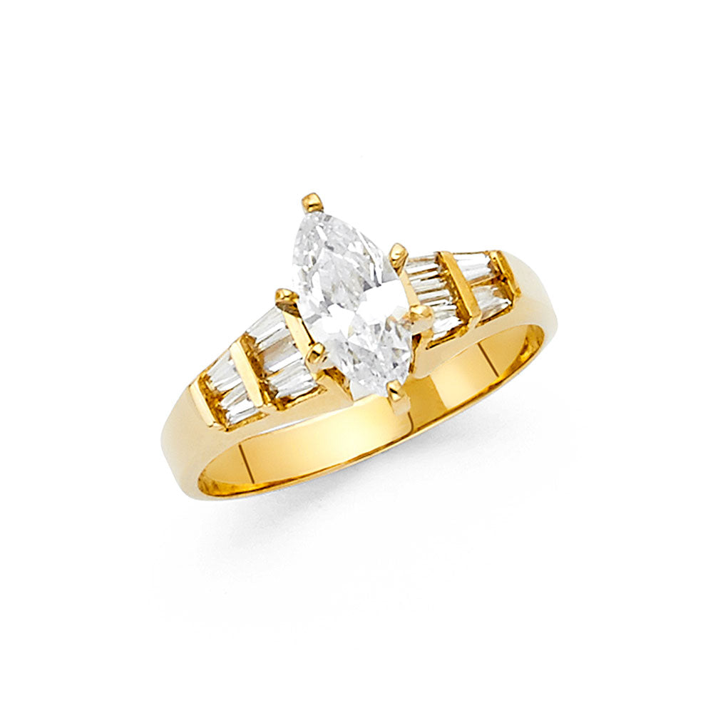 14K Yellow Gold Women’s Solitaire Design Marquise Cut CZ Ring with Baguette CZ Side Stones