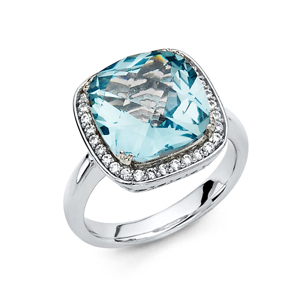 14K White Gold Cushion Shaped Aquamarine CZ Halo Ring
